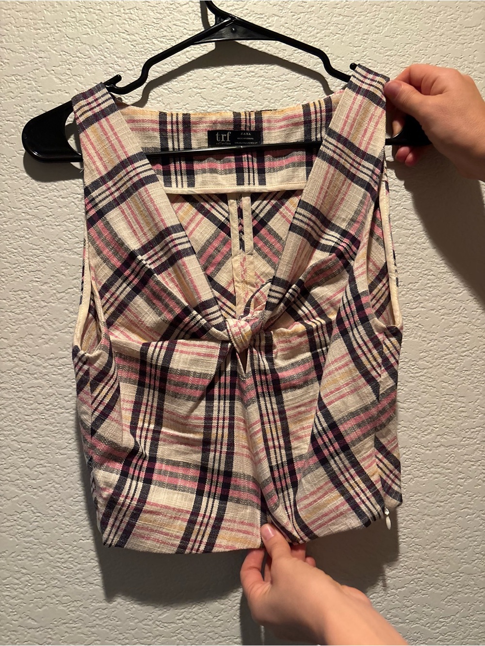 Zara Plaid Knot-Front Sleeveless Camisole in Cream, Pink and Black